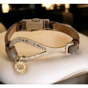 Good Works "I Can I Will" Message Leather Crystal Metal Bracelet